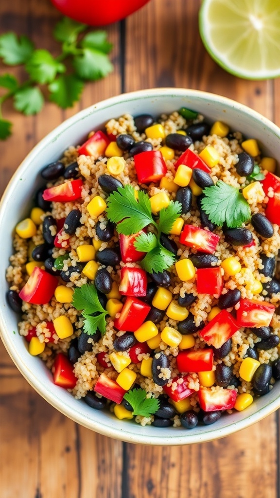 A colorful black bean quinoa salad with bell peppers, corn, and cilantro in a bowl.